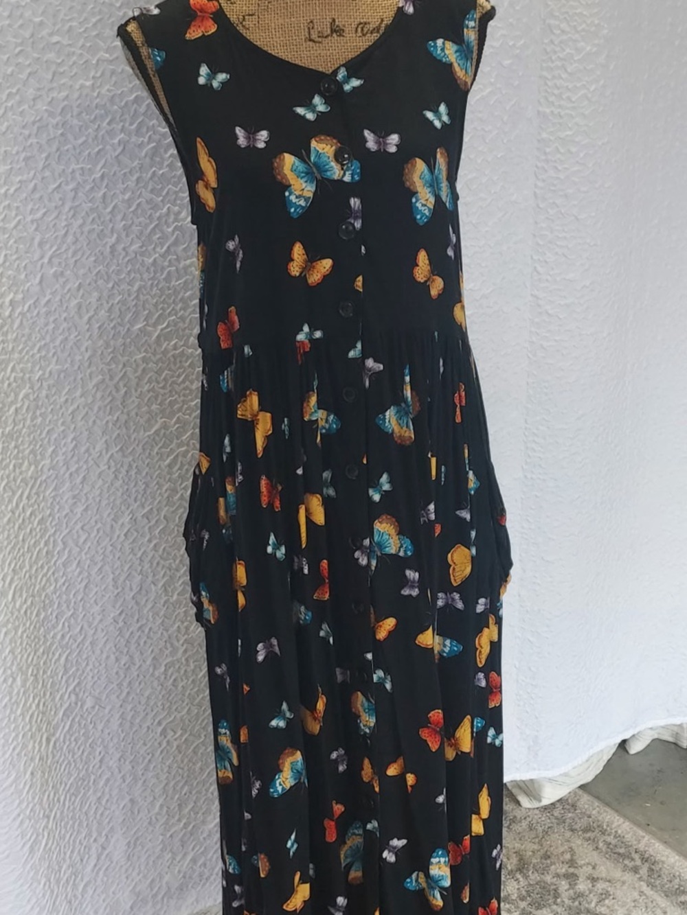 Black Button Font Dress with Blue & Purple Butterfly Print